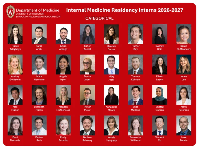 Collage of Internal Medicine Residency Interns 2026-2027 from University of Wisconsin School of Medicine and Public Health, showing 32 diverse individuals with names and photos on a red background.