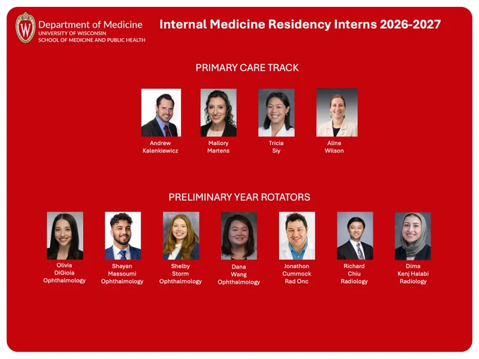 Portraits of Internal Medicine Residency interns for 2026-2027 at University of Wisconsin, divided into Primary Care Track and Preliminary Year Rotators.