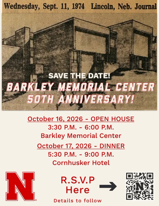 Graphic with a cream background, red lettering, and a old grainy newspaper photo covering the construction for the Barkley Memorial Center in 1974.