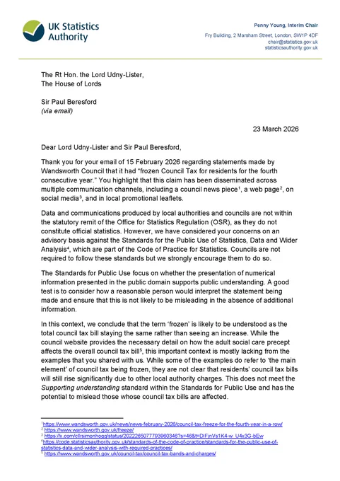 Page one of Penny Young's letter to Lord Udny-Lister and Sir Paul Beresford about Council Tax increases. The full letter is available in HTML through the link in the post.