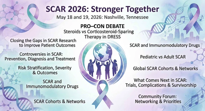 SCAR 2026 conference details with topics on steroids vs corticosteroid-sparing therapy, SCAR research gaps, and immunomodulatory drugs.