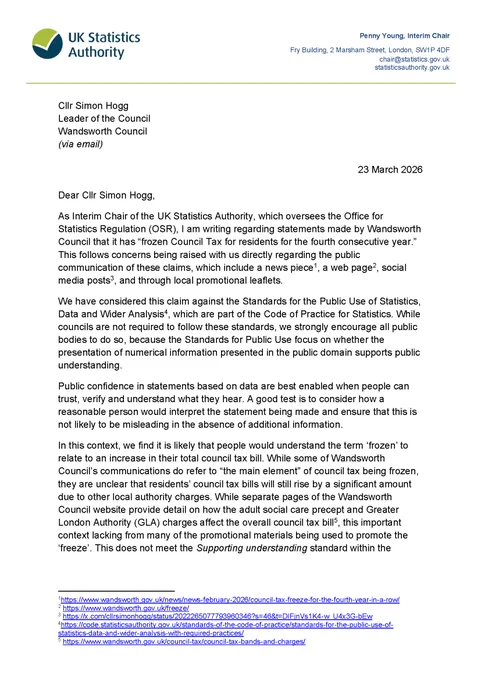 Page one of Penny Young's letter to Cllr Simon Hogg about Council Tax increases. The full letter is available in HTML through the link in the post.