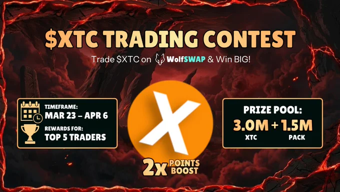 A promotional graphic for the $XTC Trading Contest featuring a dark, fiery background, highlighting prizes and rewards for top traders.