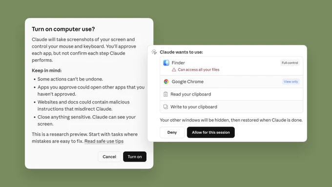 Two dialog boxes showing Claude requesting permission to use specific apps like Finder and Google Chrome, with options to deny or allow for the session.