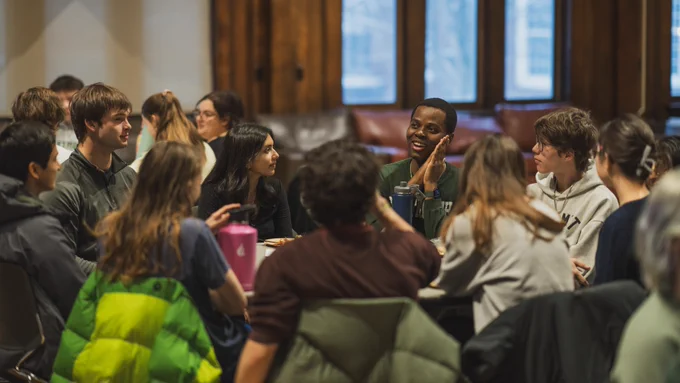 First-year students engage in small-group discussions in the Dartmouth Leadership Attitudes and Behaviors program in Collis. 