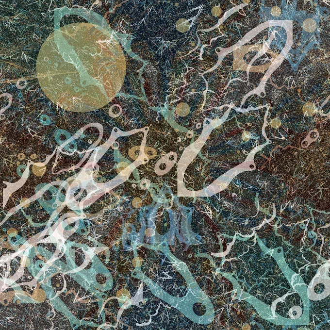 Chaotic algorithmic art with a moon-like disc at the top left and layers of scattered fractal pieces, in muted shades of brown, yellow, blue, and white.