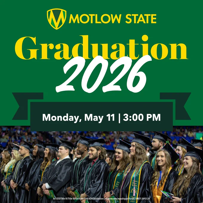 Motlow State Graduation. Monday, May 11 at 3:00 PM. At the bottom of this graphic is a group of Motlow graduates smiling while preparing to move their tassel to the other side of their mortarboard cap.