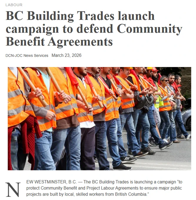 Article "BC Building Trades launch campaign to defend Community Benefit Agreements" with photo of construction workers in bright orange visibility vests marching in a line.