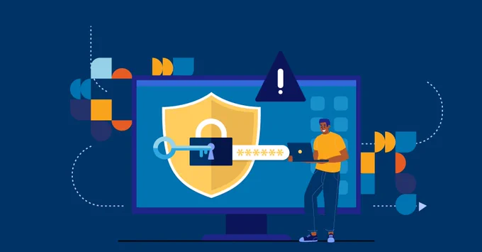 illustration of a person standing beside a large computer screen displaying a shield with a lock