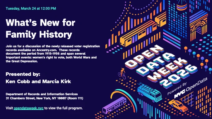 Poster for Open Data Week 2026 event on family history voter records from 1915-1956, featuring speakers Ken Cobb and Marcia Kirk.