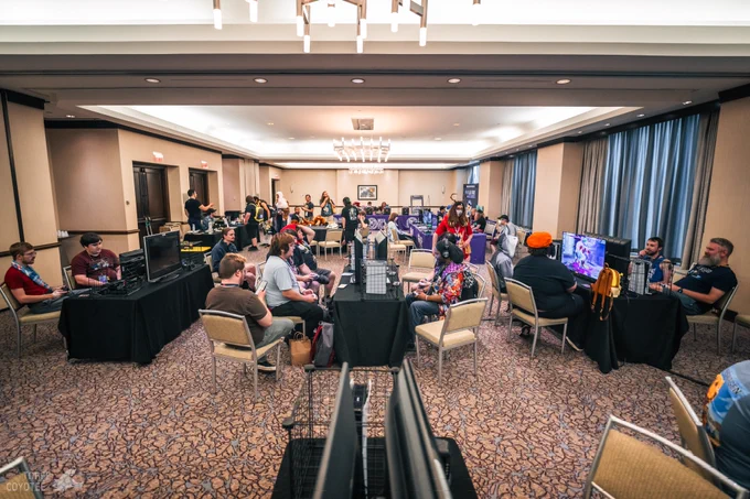 An overhead photo of the Video Gaming room at Anthrocon 2025