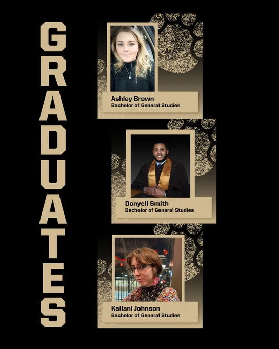 Text that reads: Graduates. Photos of 3 students.