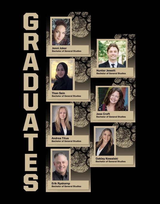 Text that reads: Graduates. Photos of 7 students.