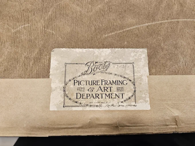 Back of framed photo with antique Boots art department label,  c. 1927