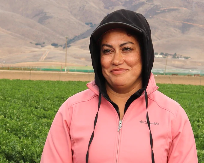 Pictured: Isabel Rosas demonstrates her farm and celery harvest during the Latino Farmer Conference in Monterey – November 2024.