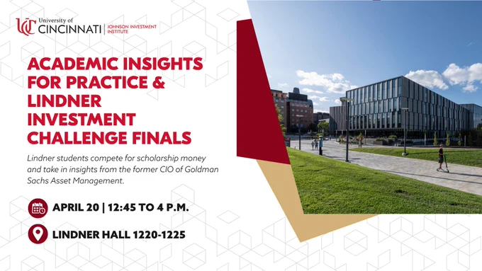 An exterior image of Lindner hall overlayed on a graphic with text.