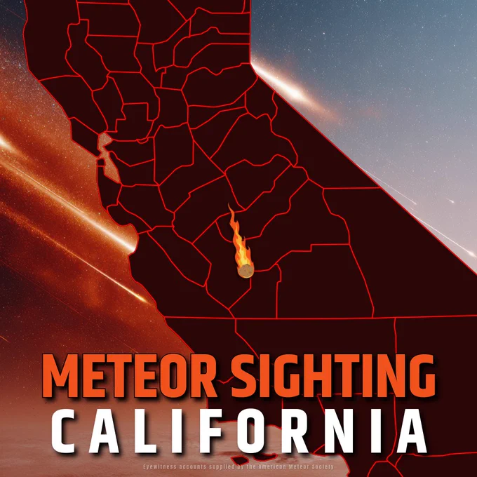 This graphic reads, Meteor Sighting California, at the bottom. It features an outline of the state with an illustrated meteor traveling south in the middle of the state from . Credit: NASA/Alyssa Lee