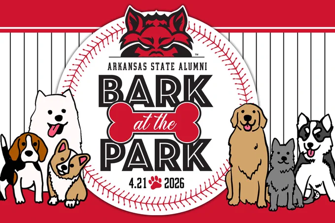 Graphic promoting Arkansas State Alumni Bark at the Park. The design features a baseball background with the Red Wolves logo at the top and the words ‘Bark at the Park’ in large text. The date ‘4.21.2026’ appears below. Illustrated dogs of various breeds sit along the bottom of the graphic on both sides.