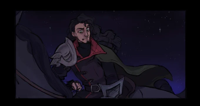 Sketch of Julien Davinos on top of his horse in the Eternal Night looking down at something unseen.