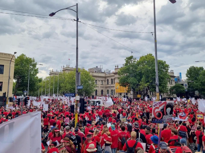 The crowd of striking teachers outside Trades Hall in Carlton.