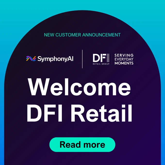 SymphonyAI x DFI Retail pilot announcement graphic highlighting AI-driven merchandising capabilities across promotions, assortment, clustering, and space planning, with SymphonyAI and DFI Retail logos.
