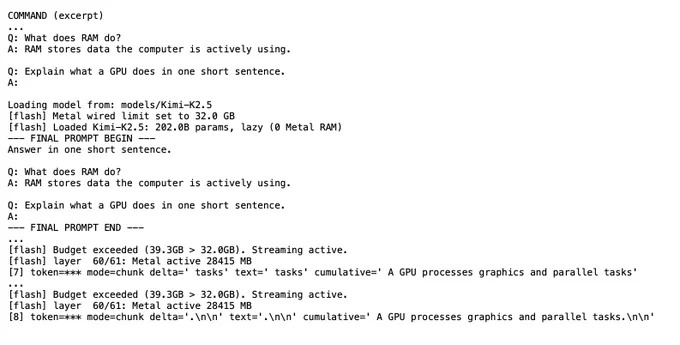 Log showing Kimi K2.5 generating 'A GPU processes graphics and parallel tasks.' with flash streaming active and 28 GB Metal usage.