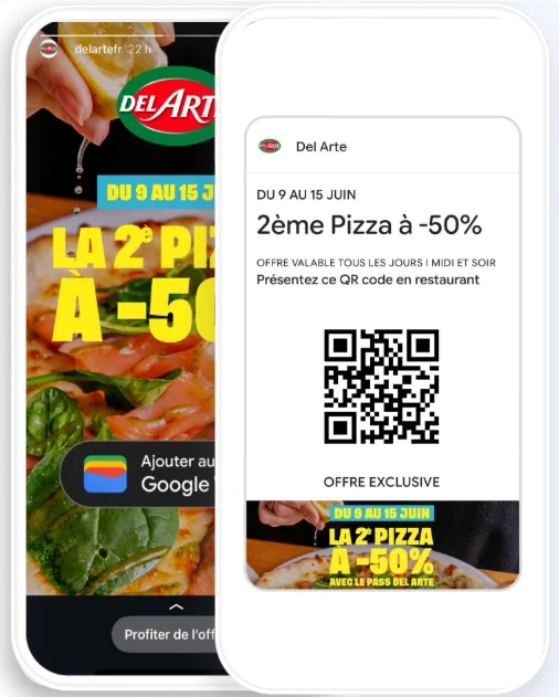 Two smartphone screens display a Del Arte promotion for 50% off a second pizza from June 9-15. The screen on the left shows a hand squeezing a lemon onto a pizza with spinach and prosciutto, while the screen on the right features a scannable QR code for the exclusive offer to be used in-store.