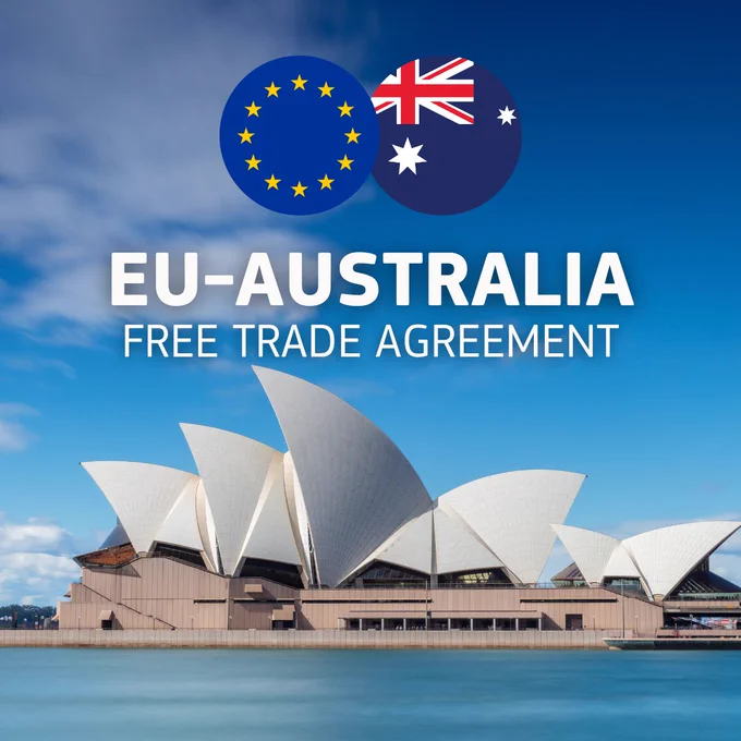 Image of the Sydney Opera House by the water under a blue sky, with EU and Australian flags above. Text reads: “EU–Australia Trade Agreement.” 