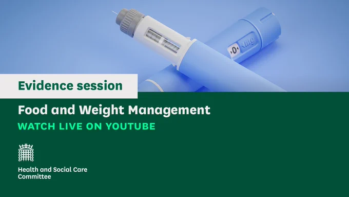Evidence session. Foor and Weight Management. Watch live on YouTube. Health and Social Care Committee. A picture of injectors.