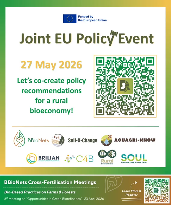 BBioNets image dedicated to the Joint EU Policy Event taking place on 27 May. There's a QR code leading to the respective project website article and registration form.  There's also a banner at the bottom urging stakeholders to register to the final Cross-Fertilisation Meeting (23 April 2026).