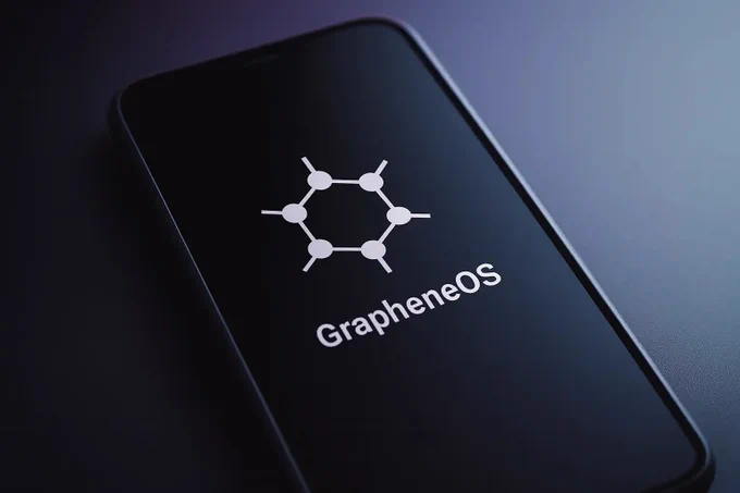 A smartphone screen displays the GrapheneOS logo, emphasizing its focus on privacy over compliance with age verification regulations.