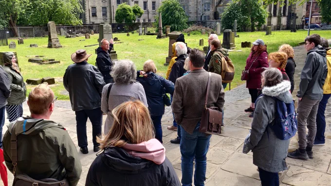 David Sneddon (Clyde Archaeology) leading a tour at the Govan Old Churchyard during the 2024 CVARF Symposium © Ingrid Shearer