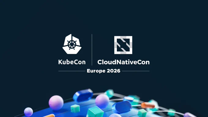 KubeCon and CloudNativeCon Europe 2026 logos displayed on a dark background with colorful abstract shapes.