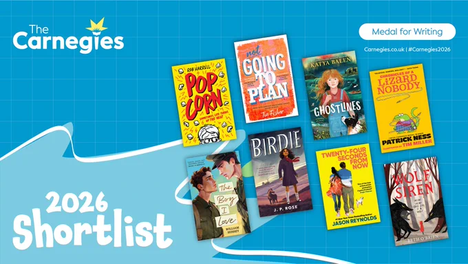 2026 Carnegies Medal for Writing shortlist, featuring eight book covers on a blue grid background. 