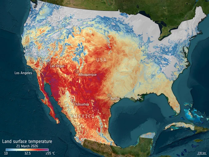 Map showing land surface temperatures across the U.S. and Mexico on 21 March 2026, with intense red heat over the Southwest and Mexico and cooler blue tones in northern and eastern regions.