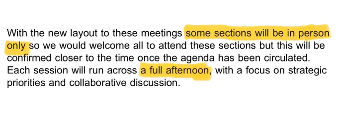 Text from email saying some sections of the meeting will be in person only and over a full afternoon.