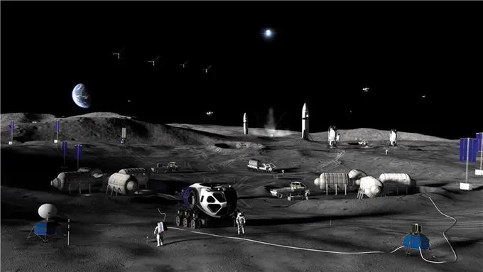 An artist's concept of NASA's Moon Base in phase 3, which enables a long-duration human presence. The surface of the Moon is dotted with white structures and vehicles as well as astronauts in white spacesuits. Earth is visible in the sky just above center left. Credit: NASA