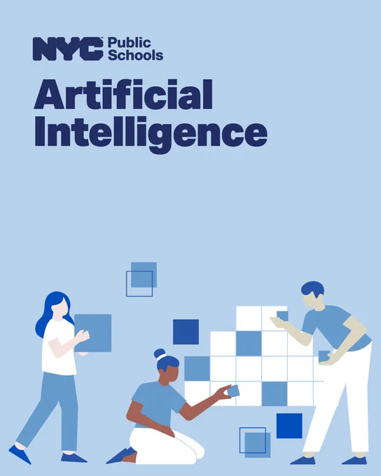 NYC Public Schools banner featuring three people interacting with digital blocks symbolizing artificial intelligence concepts.