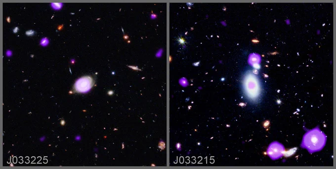 Two composite images, presented side-by-side with a single galaxy positioned at the center of each frame.

The two images appear visually similar. Both feature dozens of galaxies; glowing specks and elliptical shapes in purples, golden oranges, blues, and whites, scattered across the blackness of space.

The focal points are the galaxies at the center of each frame. Both galaxies glow in pinks and whites, and both have supermassive black holes at their core. But the featured galaxy on our left is far more distant than the featured galaxy on our right.

On our left is a spiral galaxy some 5.6 billion light-years from Earth. It resembles a large dot with a hazy, neon pink outer ring, and a white core.

On our right is an elliptical galaxy at a distance of about 3 billion light-years. This galaxy resembles an egg with an oval-shaped white outer ring, and a round pink circle at its core. This galaxy’s supermassive black hole is a much fainter source of X-rays than the source on the left.