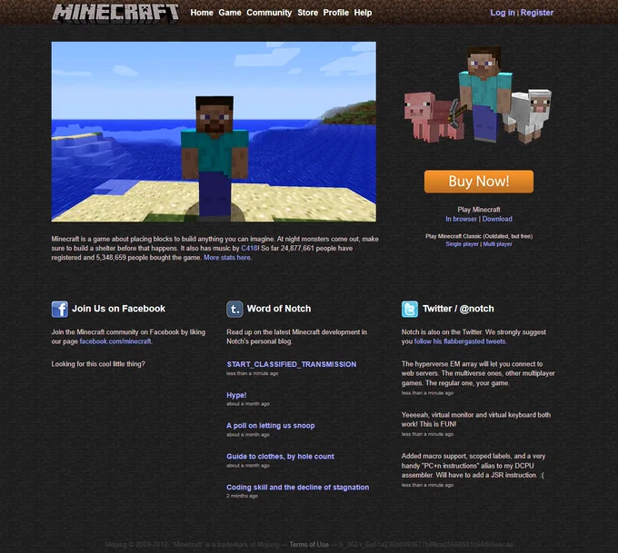 Minecraft website in March 2012