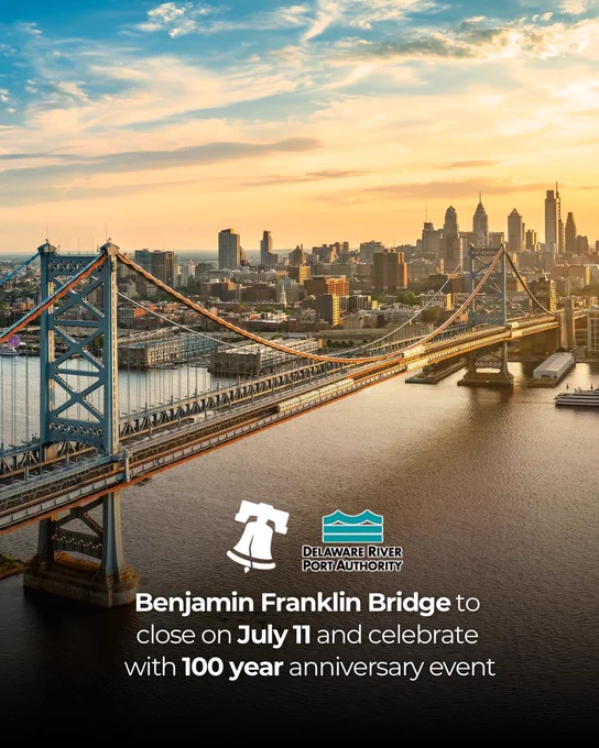 Benjamin Franklin Bridge in Philadelphia.

Caption reads: “Benjamin Franklin Bridge to close on July 11 and celebrate with 100 year anniversary event.”