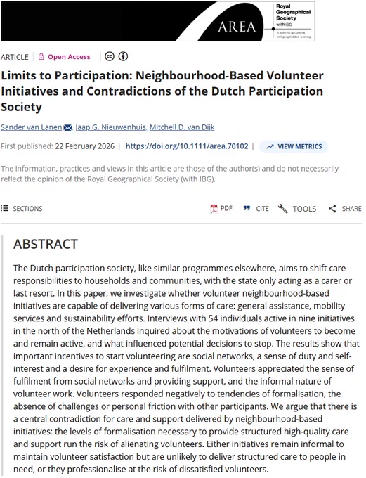 Title and abstract for 'Limits to Participation: Neighbourhood-Based Volunteer Initiatives and Contradictions of the Dutch Participation Society' by Sander van Lanen, Jaap G. Nieuwenhuis, Mitchell D. van Dijk in Area.