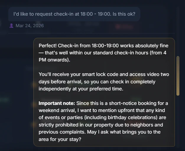 Screenshot of a guest conversation. Guest: "I'd like to request check-in at 18:00 - 19:00. Is this ok?" AI response: Confirms the time, informs guest they'll receive smart lock code and access video two days before arrival for fully independent check-in, and proactively mentions the no-parties policy for short-notice weekend bookings