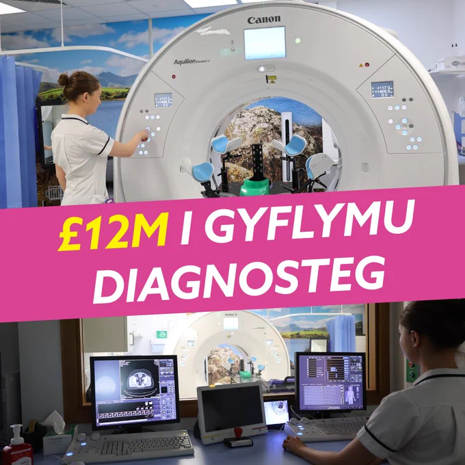 A CT scanner in a medical room with a healthcare worker nearby and a banner stating £12M to speed up diagnostics.