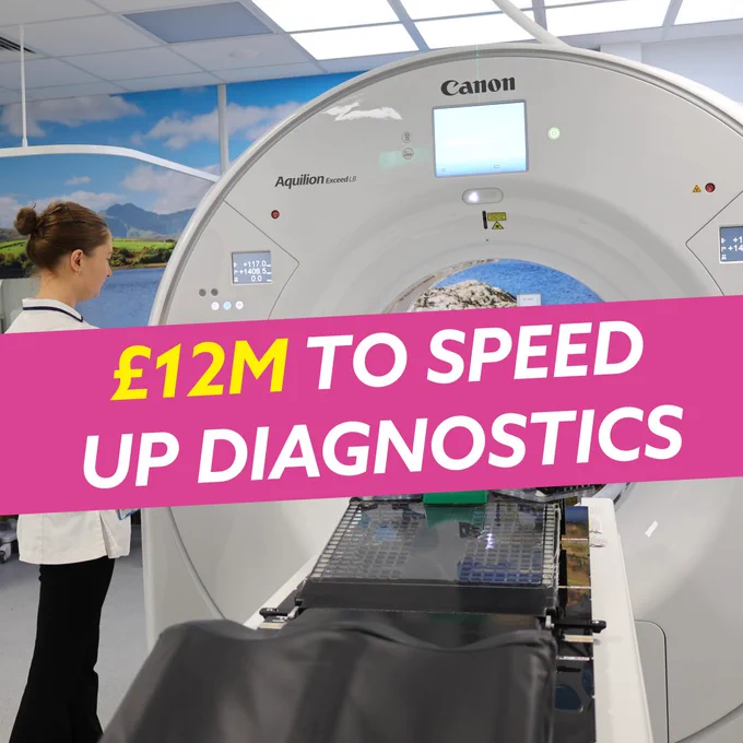 A CT scanner in a medical room with a healthcare worker nearby and a banner stating £12M to speed up diagnostics.