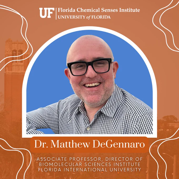 Headshot of Dr. DeGennaro with text stating, "Dr. Matthew DeGennaro. Associate Professor, Director of Biomolecular Sciences Institute, Florida International University."