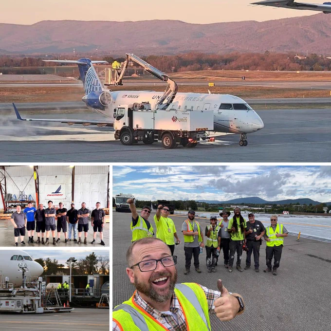 Collage of employees in action at ROA - deicing photo, maintenance team at EMAS, UPS team, and Piedmont maintenance team