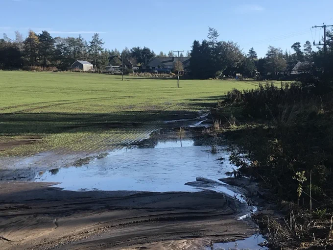An example of an edge-of-field temporary storage area (TSA) intercepting and storing surface runoff and sediment from soil erosion at Tarland. Photo credit: Dr Martyn Roberts