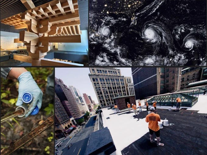 A collage featuring a wooden architectural structure, a satellite image of hurricanes, a person with gloves holding a test tube, an aerial city view, and workers in orange shirts applying white coating on a rooftop. Diverse themes include architecture, weather, science, urban landscape, and sustainability.