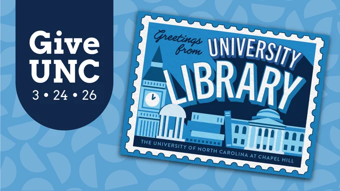 Postcard-style graphic reading 'Greetings from University Library' with iconic Chapel Hill buildings in blue tones.
